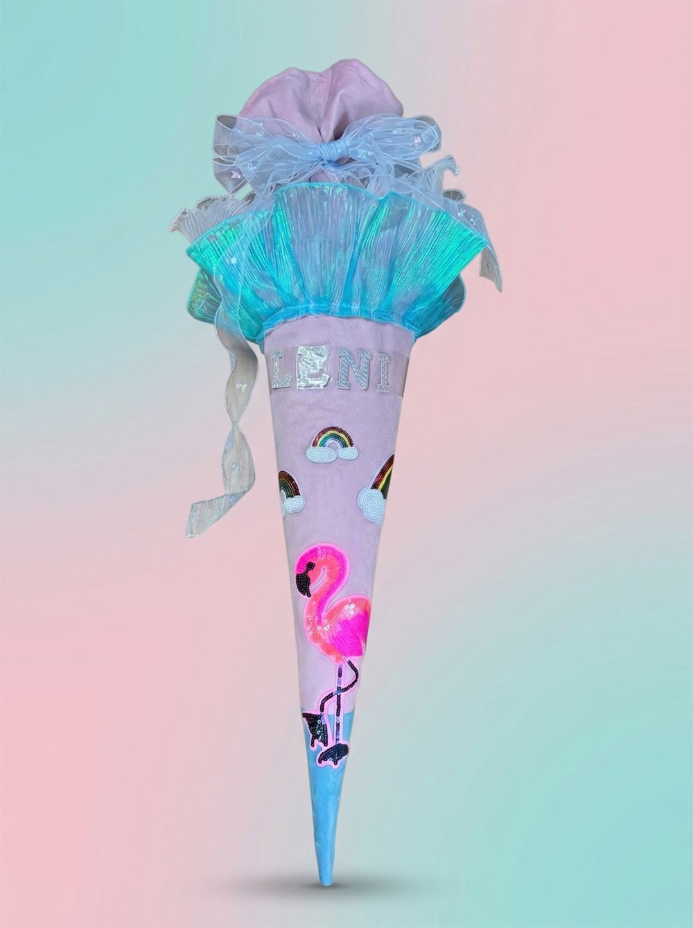 Schultüte mit Flamingo und Regenbogen in Blau und Pink